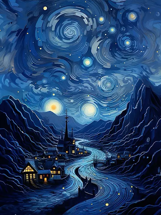 1 Starry night painting of a town
