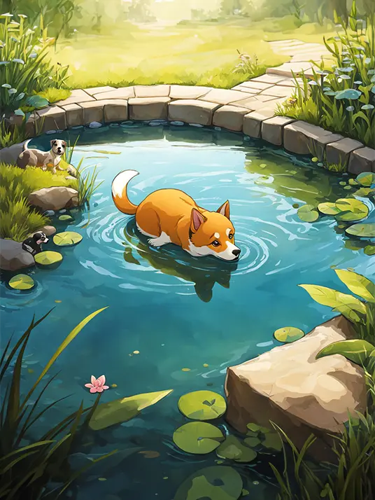 1 The dog is sitting in the pond
