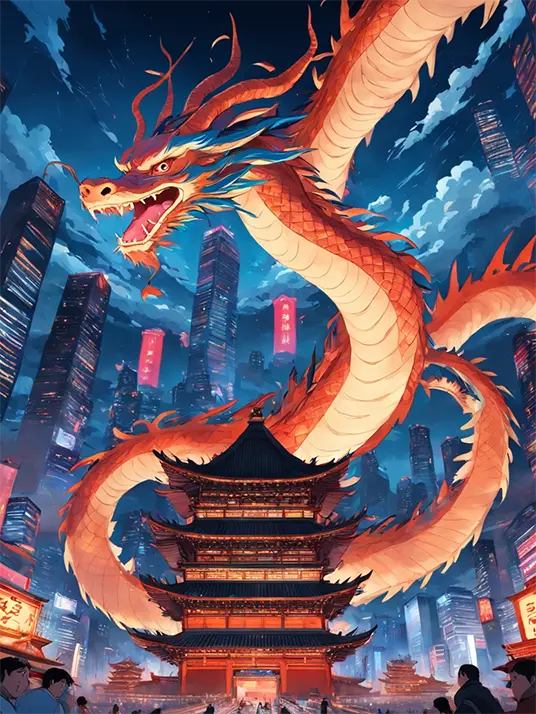 1 A dragon flying over a city at night