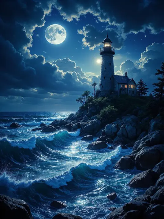 1 A majestic lighthouse emerges in the moonlight
