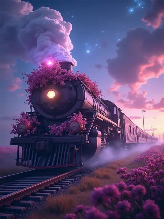 1 A train covered in purple flowers