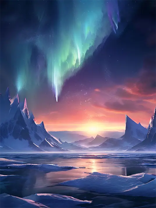 1 Northern lights over snow and lake