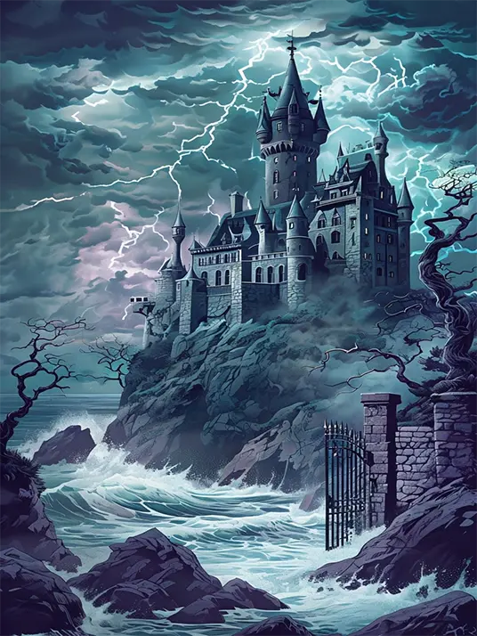 1 Gothic castle overlooking a stormy sea