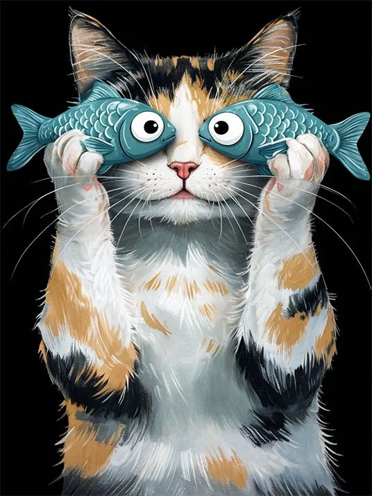 1 Playful cat with fish toys