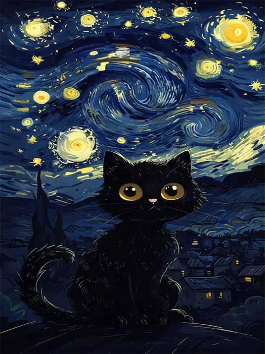 1 Whimsical black cat under a starry night