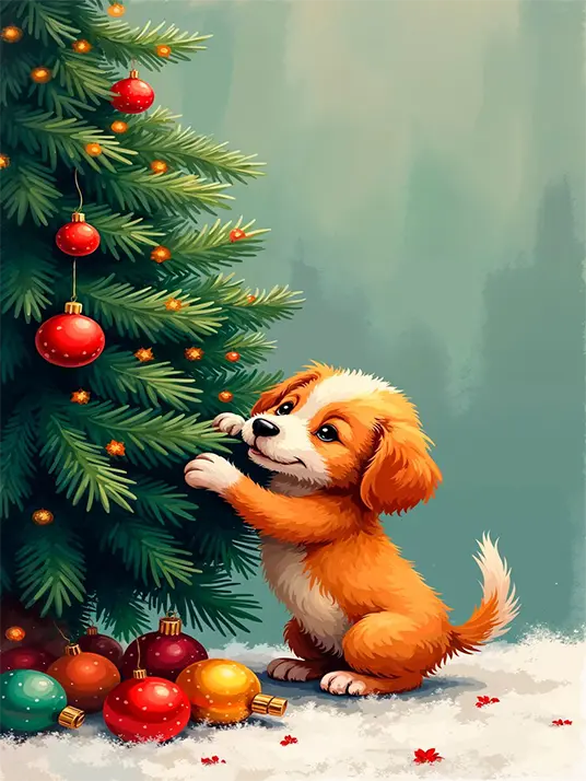 1 Christmas tree with a puppy