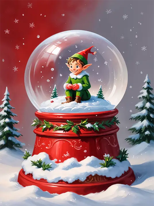 1 Christmas snow globe with elf illustration