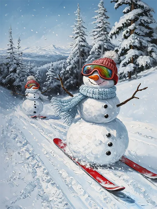 1 Whimsical snowman skiing in a winter landscape