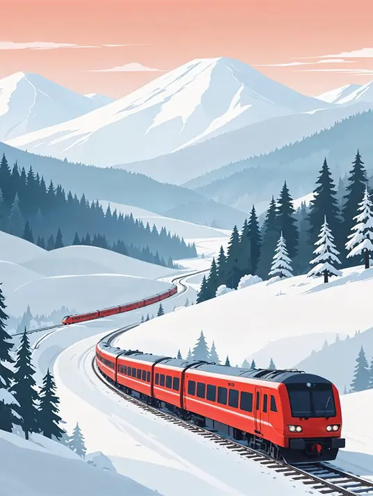 1 A red train on snowy tracks
