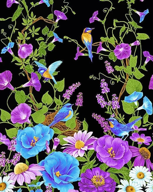 Birds on purple flowers