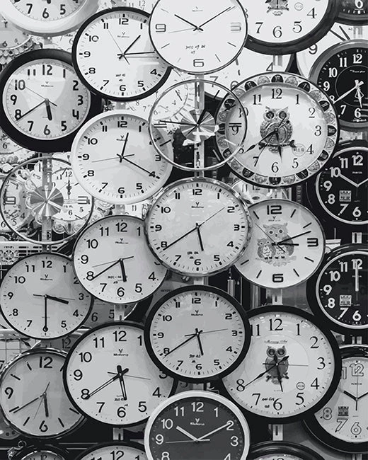 Clocks time black and white
