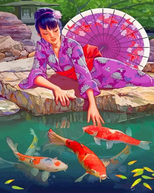 Japanese woman and koi fishes