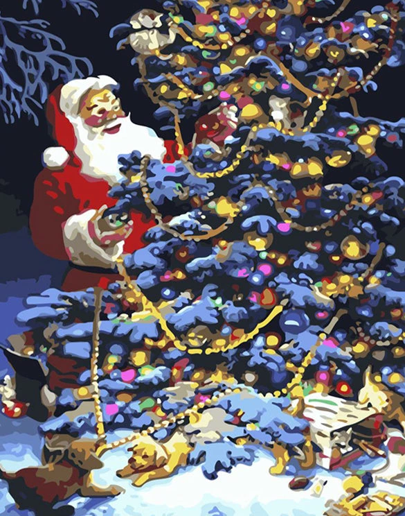 Santa decorating christmas tree