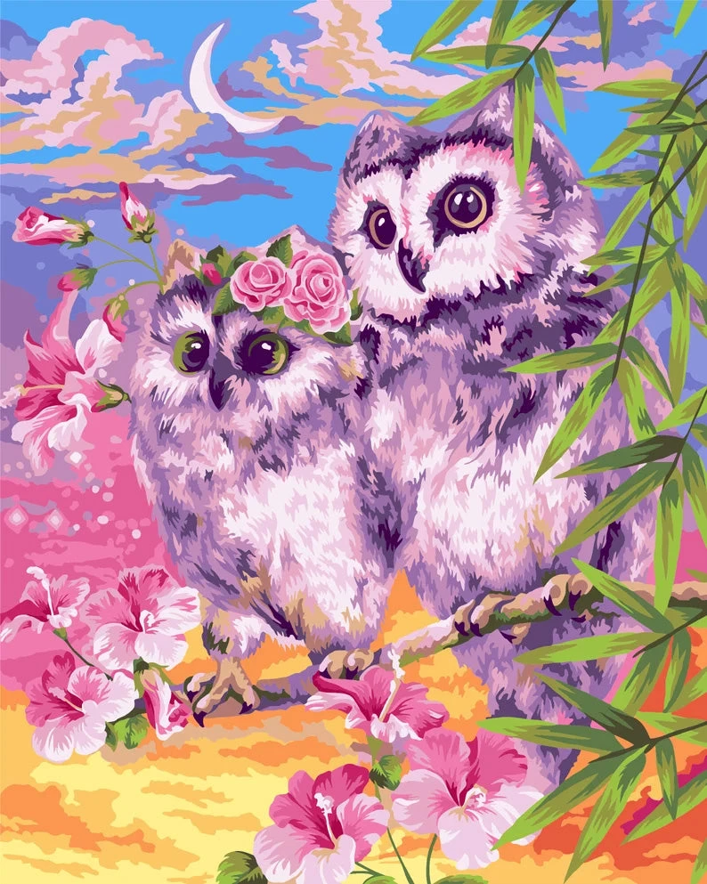 Pink owls acrylic painting