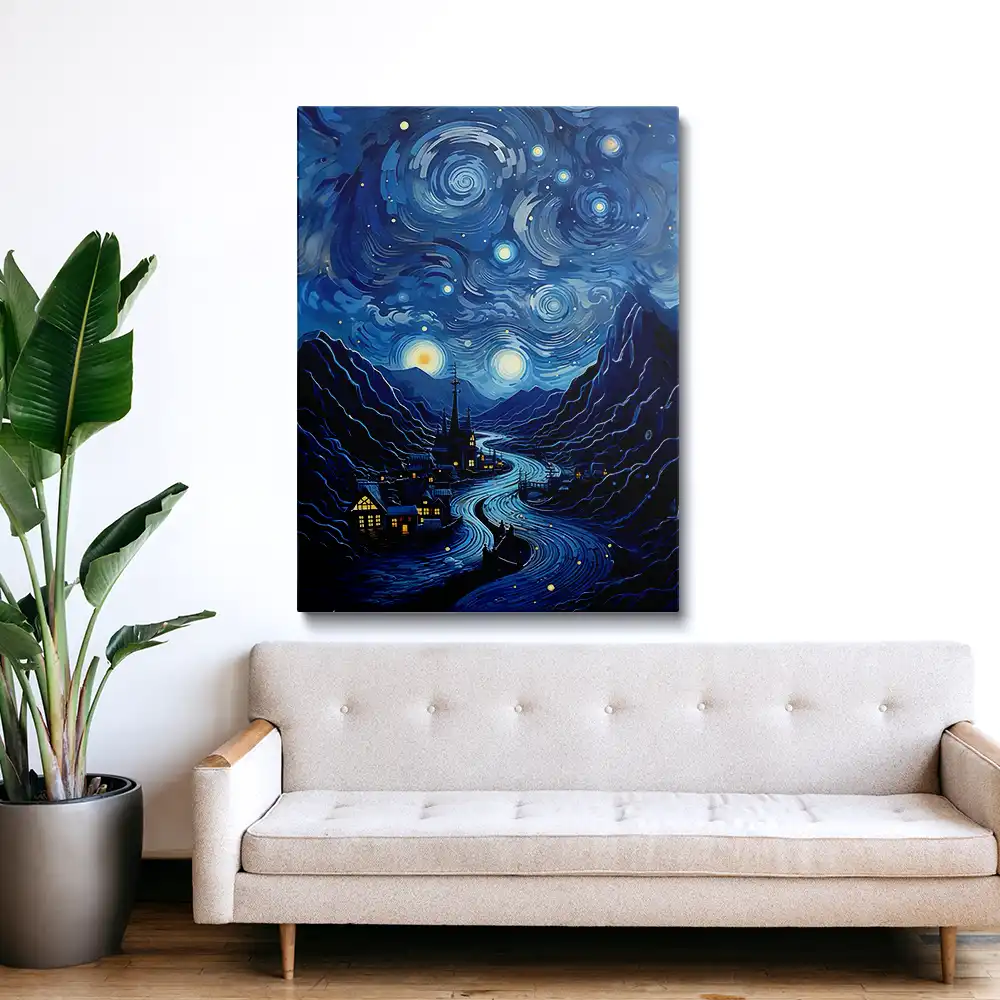 3 Starry night painting of a town