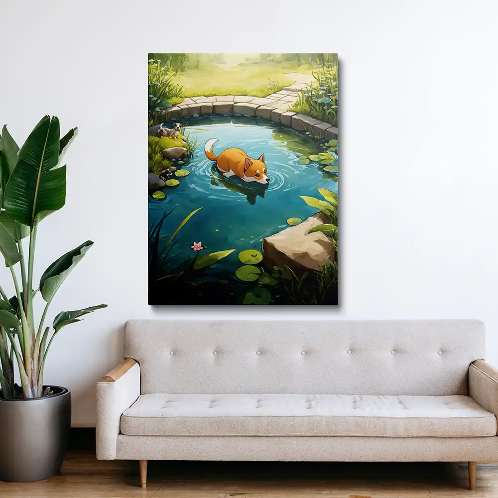 3 The dog is sitting in the pond