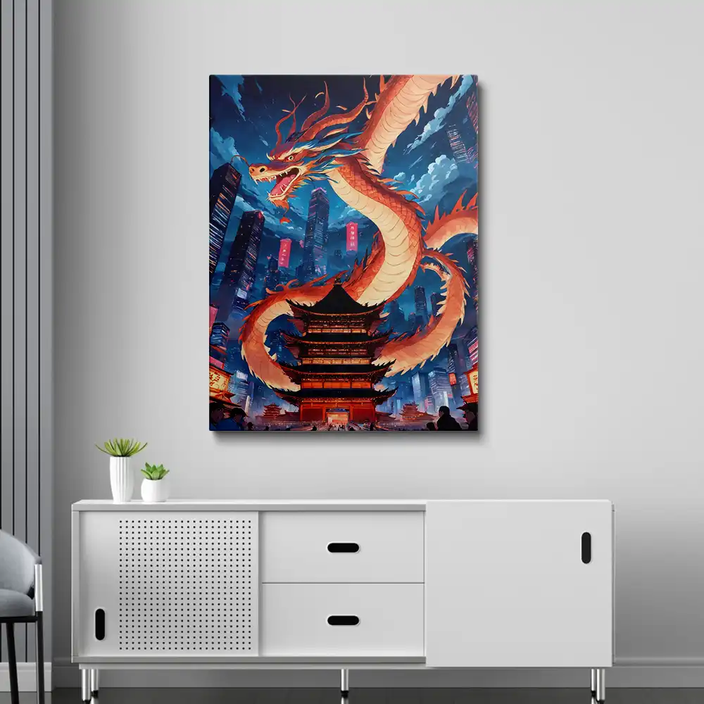 3 A dragon flying over a city at night