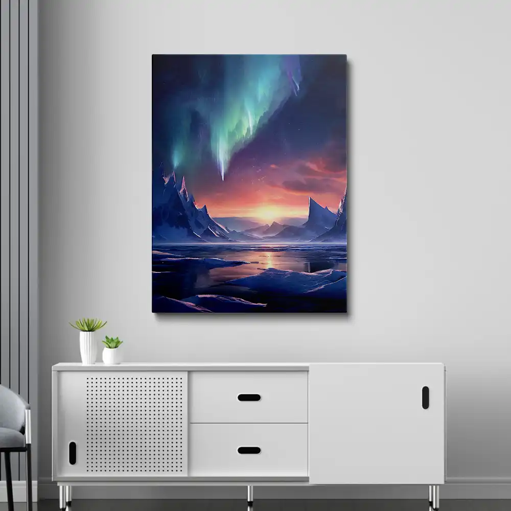 3 Northern lights over snow and lake