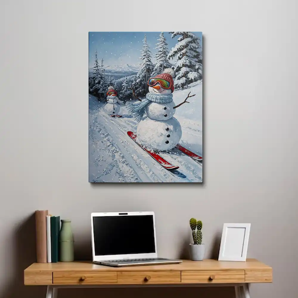 3 Whimsical snowman skiing in a winter landscape