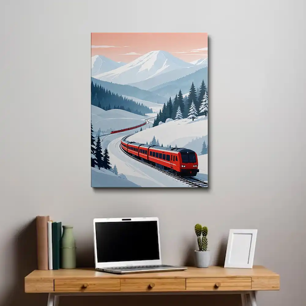 3 A red train on snowy tracks