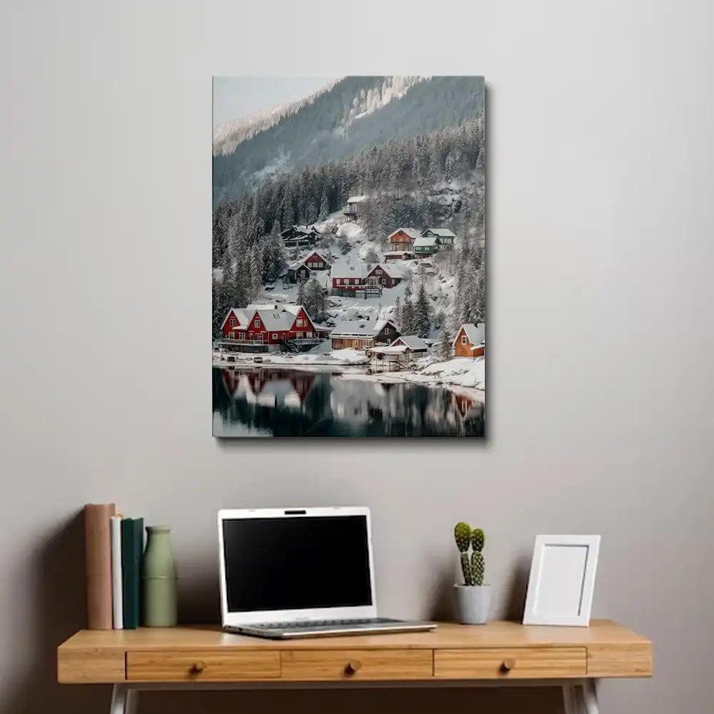 3 Snowy ski resort with cozy cabins