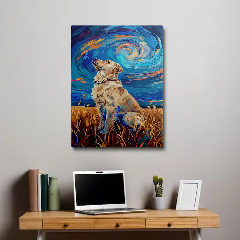 3 Golden Retriever in starry night