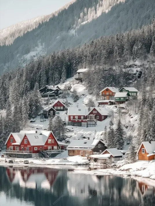 Snowy ski resort with cozy cabins Snowy ski resort with cozy cabins