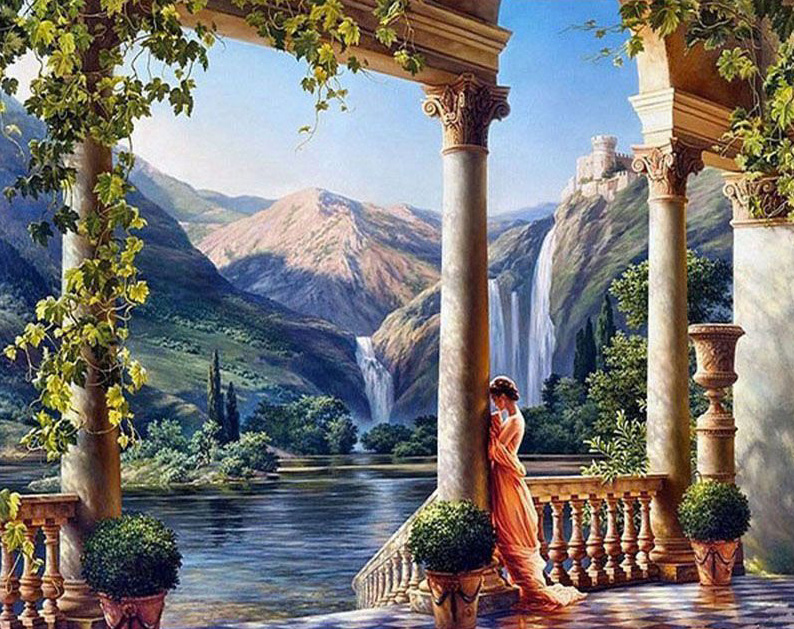 Ancient Greece goddess waterfall mountain painting