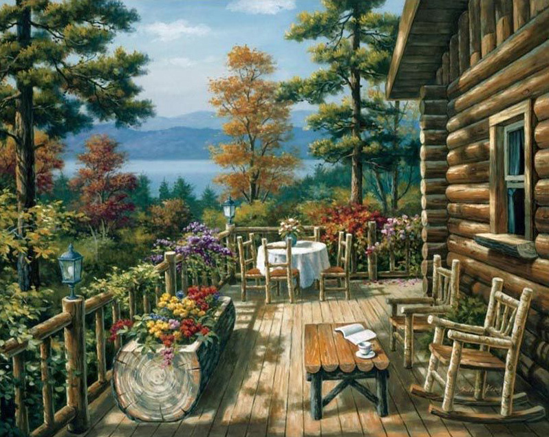 Beautiful cabin cottage house flowers trees DIY painting