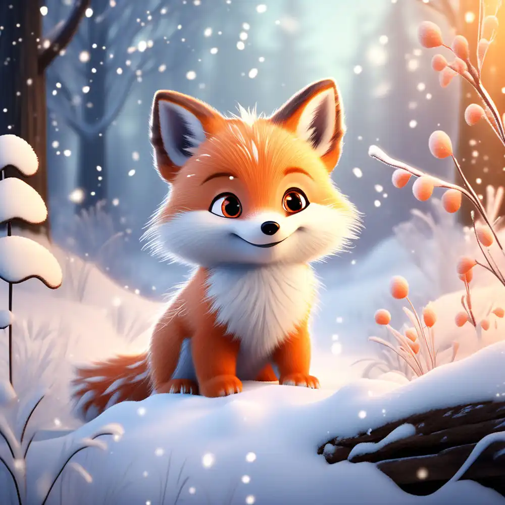 Cute baby fox in snow