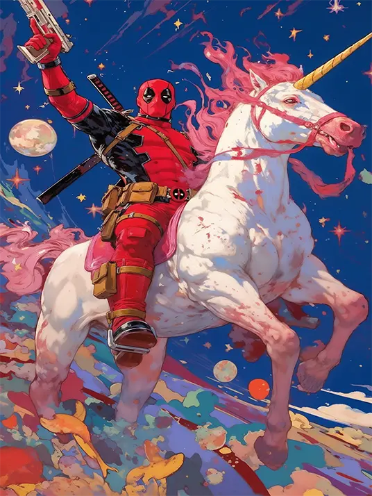 Deadpool riding a unicorn