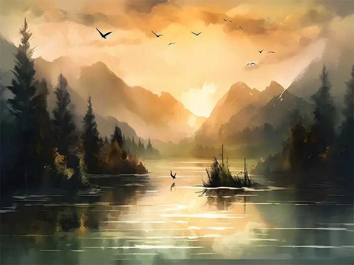 Sunset lake painting scenery