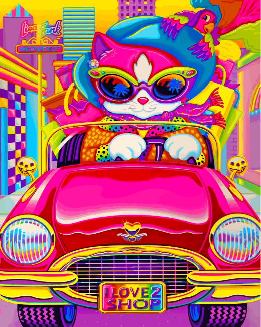 Pink kitty driving a car