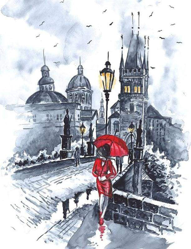 Woman in red and umbrella