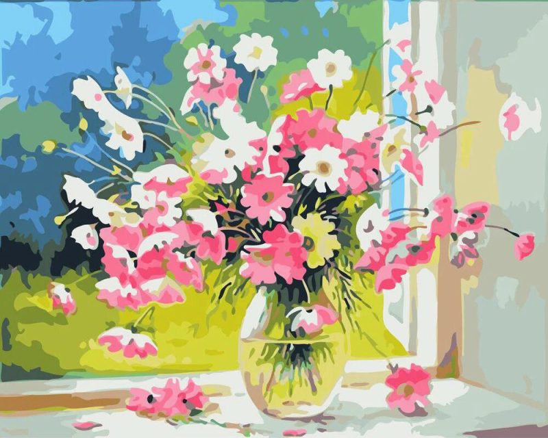 Vase of pink and white flowers