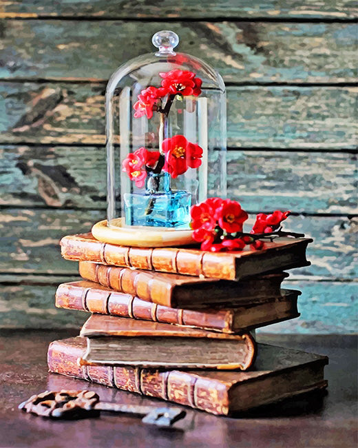 Vintage books and red roses