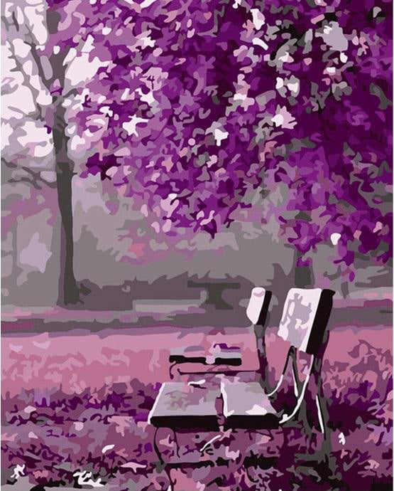 Purple forest benches