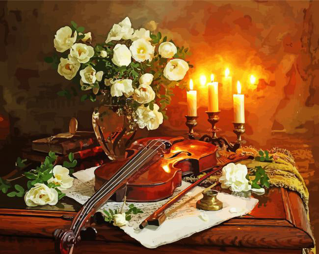 Violin and candle still life