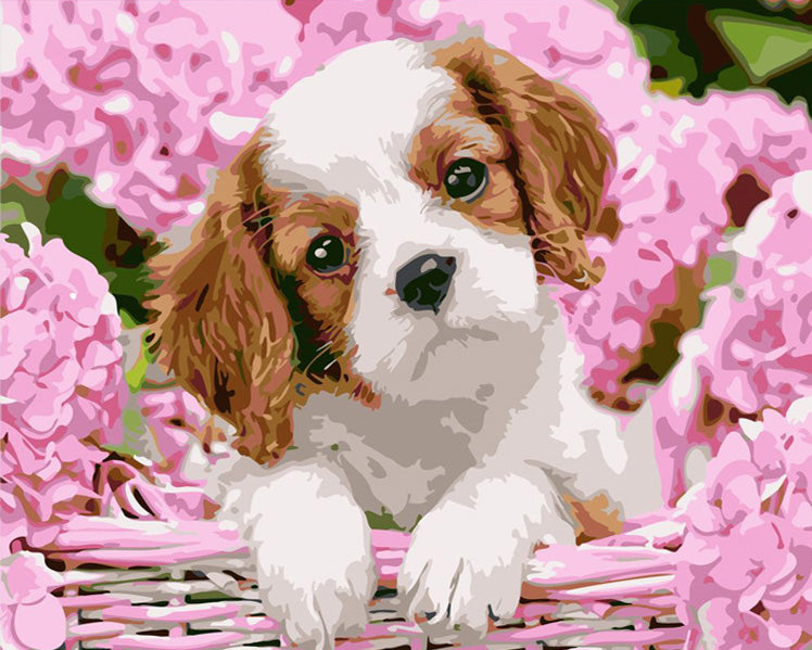 Puppy in Pink Flower Basket