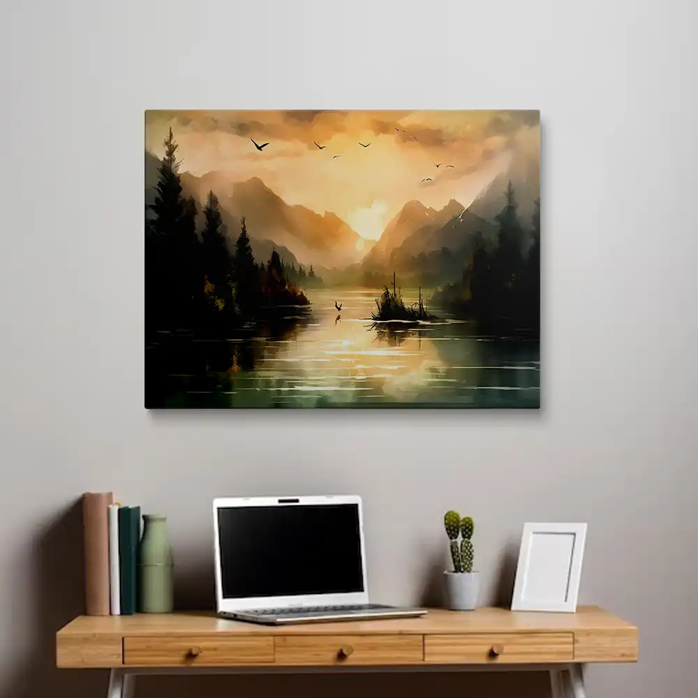 Sunset lake painting scenery